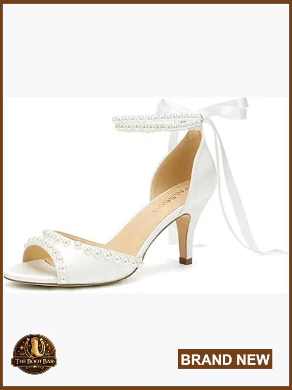 Low Heel Wedding Sandals with Pearl Ankle Strap Satin Bride Shoe